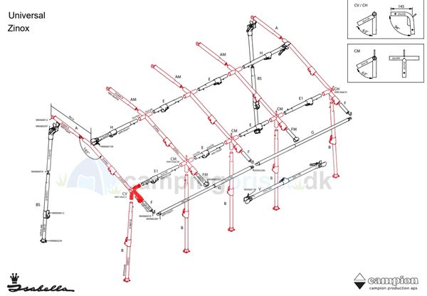 Isabella CV hjørne venstre  til Isabella Universal  360 og 420 i Zinox med T-Rex beslag