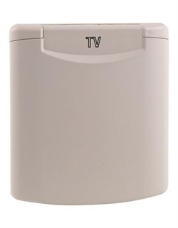 Indbygningsstik for udvendig montering med 2 x F-stik for TV - 12 Volt og 230 Volts udtag.