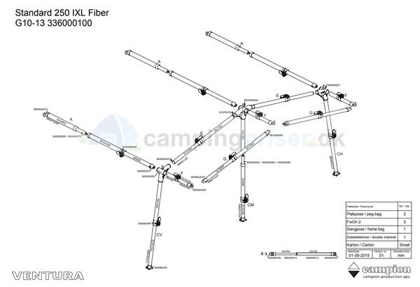 Isabella komplet stangsæt G10-13 til Ventura standard 250 cm dybde i IXL fiber med Fixus beslag