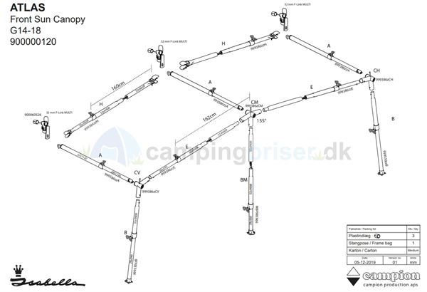 Isabella G14-18 komplet stel til Isabella frontsolsejl Atlas i MegaFrame