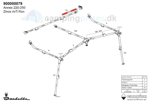 Isabella annex 220-250 kort teltstang med krog for overligger i Zinox