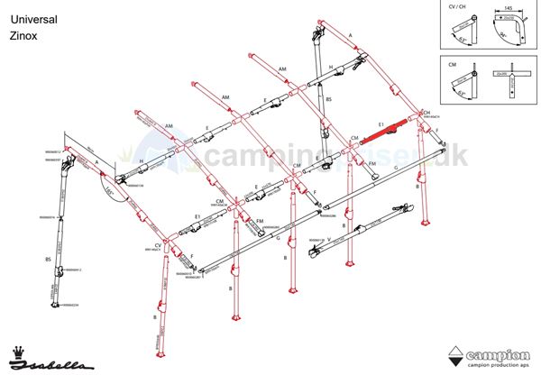 Isabella E1-stang udhængsstang til Isabella Universal 420 i Zinox med T-Rex beslag