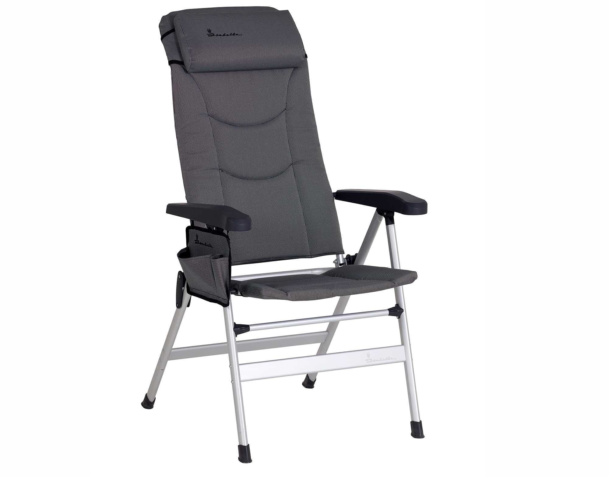 Isabella campingstol med 8 positioner inkl. nakkepude. * Alu-stel * Materiale: lys grå polyweave (60% PVC Polyester) * Vægt: kg Belastning: 120 kg. *